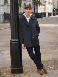 Navy/Charcoal Wool Rich Soft Touch Dogtooth Pea Coat
