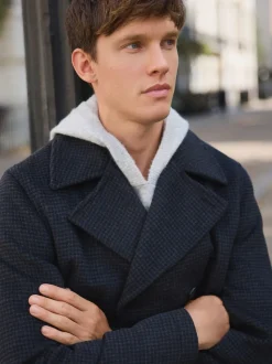 Navy/Charcoal Wool Rich Soft Touch Dogtooth Pea Coat