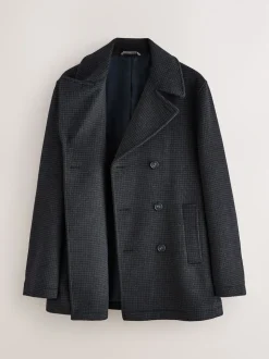 Navy/Charcoal Wool Rich Soft Touch Dogtooth Pea Coat