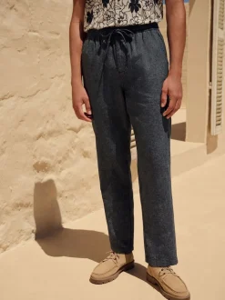 Navy/Ecru Regular Tapered Fit Cotton Linen Striped Trousers