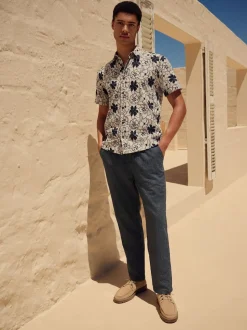 Navy/Ecru Regular Tapered Fit Cotton Linen Striped Trousers