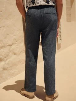 Navy/Ecru Regular Tapered Fit Cotton Linen Striped Trousers