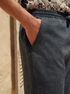 Navy/Ecru Regular Tapered Fit Cotton Linen Striped Trousers