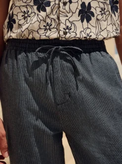 Navy/Ecru Regular Tapered Fit Cotton Linen Striped Trousers