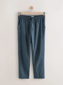 Navy/Ecru Regular Tapered Fit Cotton Linen Striped Trousers
