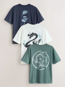 Navy/Ecru White/Teal Regular Fit Graphic Print T-Shirts 3 Pack
