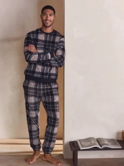 Neutral/ Black Thermal Fleece Check Long Sleeve Cuffed Pjyamas Set