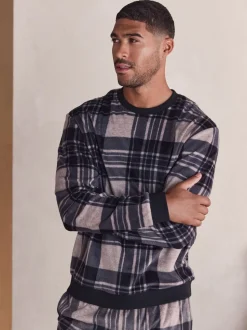 Neutral/ Black Thermal Fleece Check Long Sleeve Cuffed Pjyamas Set