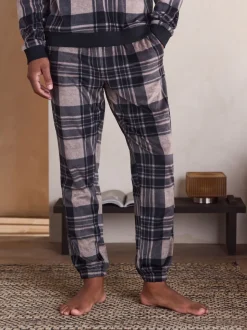 Neutral/ Black Thermal Fleece Check Long Sleeve Cuffed Pjyamas Set