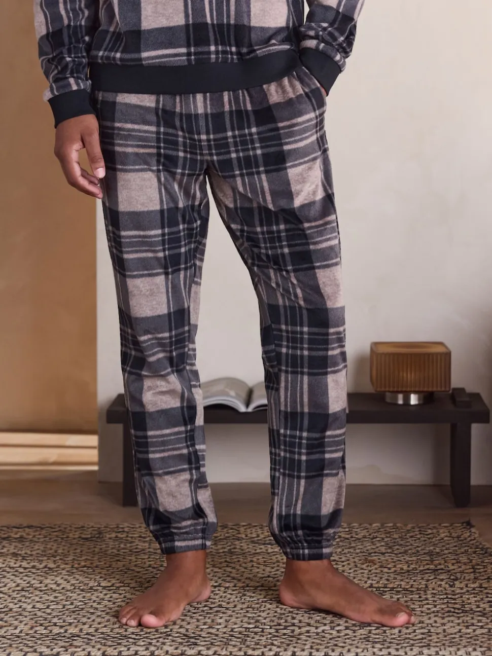 Neutral/ Black Thermal Fleece Check Long Sleeve Cuffed Pjyamas Set