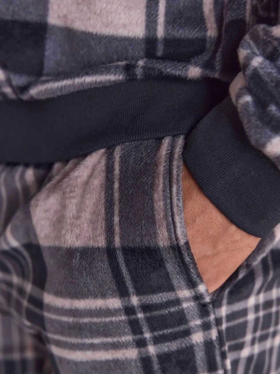 Neutral/ Black Thermal Fleece Check Long Sleeve Cuffed Pjyamas Set