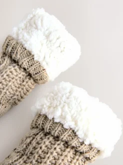 Neutral Borg Lined Neppy Cable Slipper Socks 1 Pack