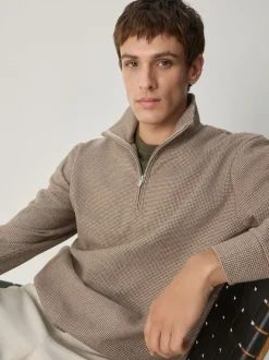 Neutral Brown Dogtooth Long Sleeve Quarter Zip Jumper