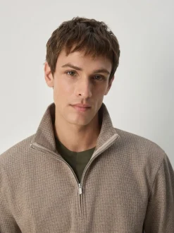 Neutral Brown Dogtooth Long Sleeve Quarter Zip Jumper