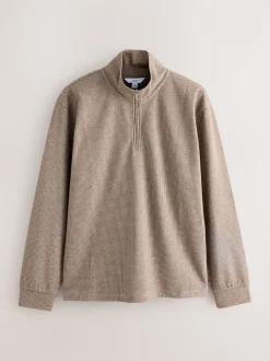 Neutral Brown Dogtooth Long Sleeve Quarter Zip Jumper