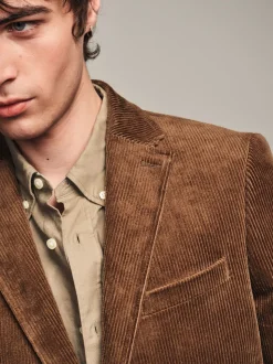 Neutral Brown Regular Fit Cord Blazer