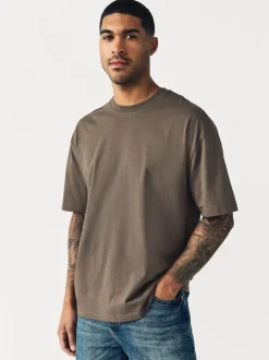 Neutral Brown Relaxed Fit Essential Crew Neck Cotton T-Shirt