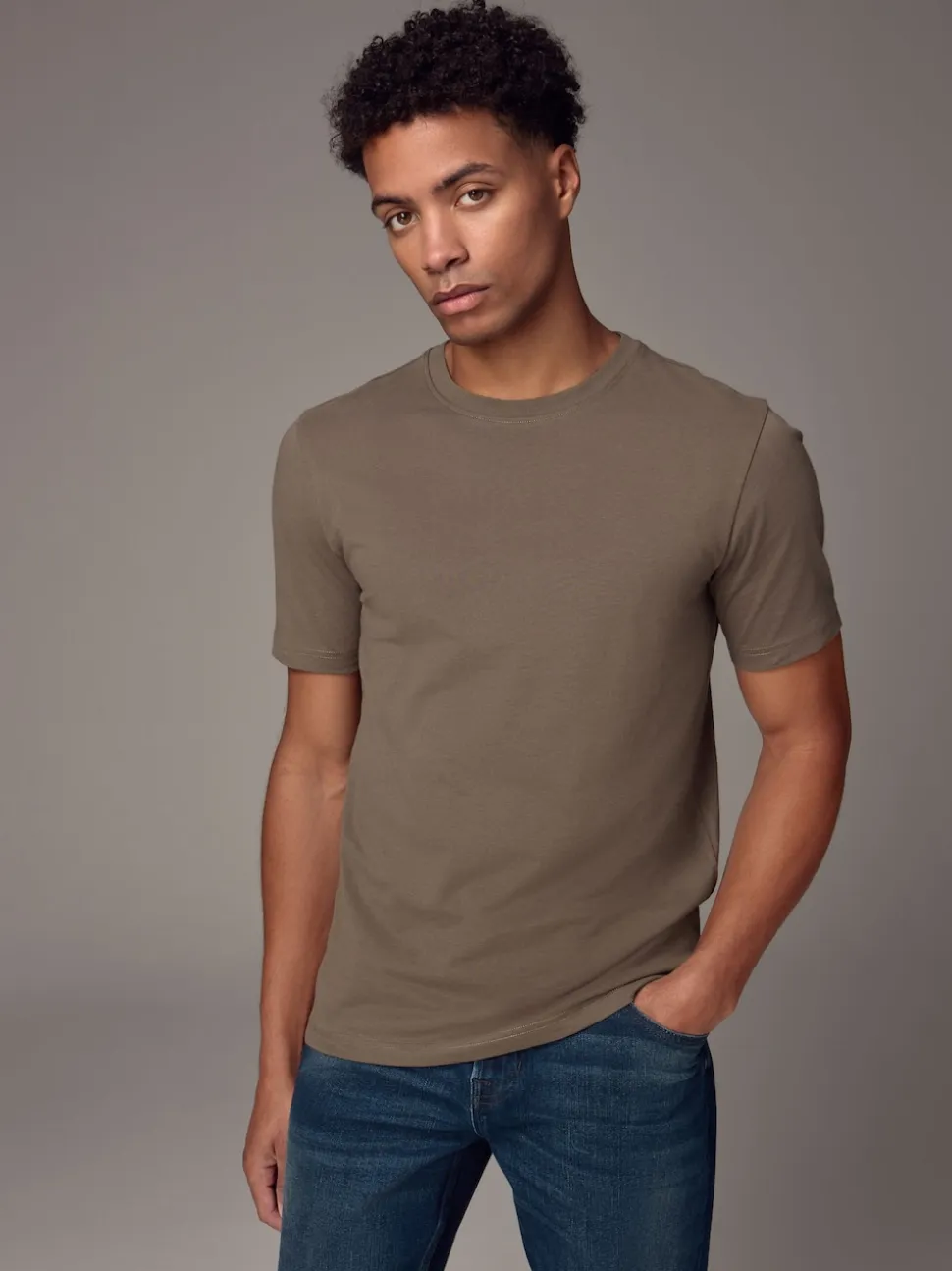 Neutral Brown Slim Fit Essential Crew Neck Cotton T-Shirt