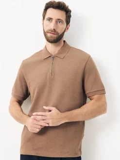 Neutral Brown Textured Smart Zip Neck Polo Shirt
