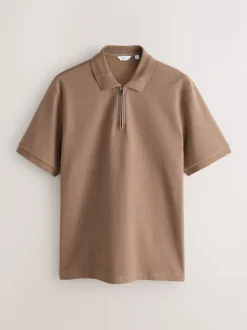 Neutral Brown Textured Smart Zip Neck Polo Shirt