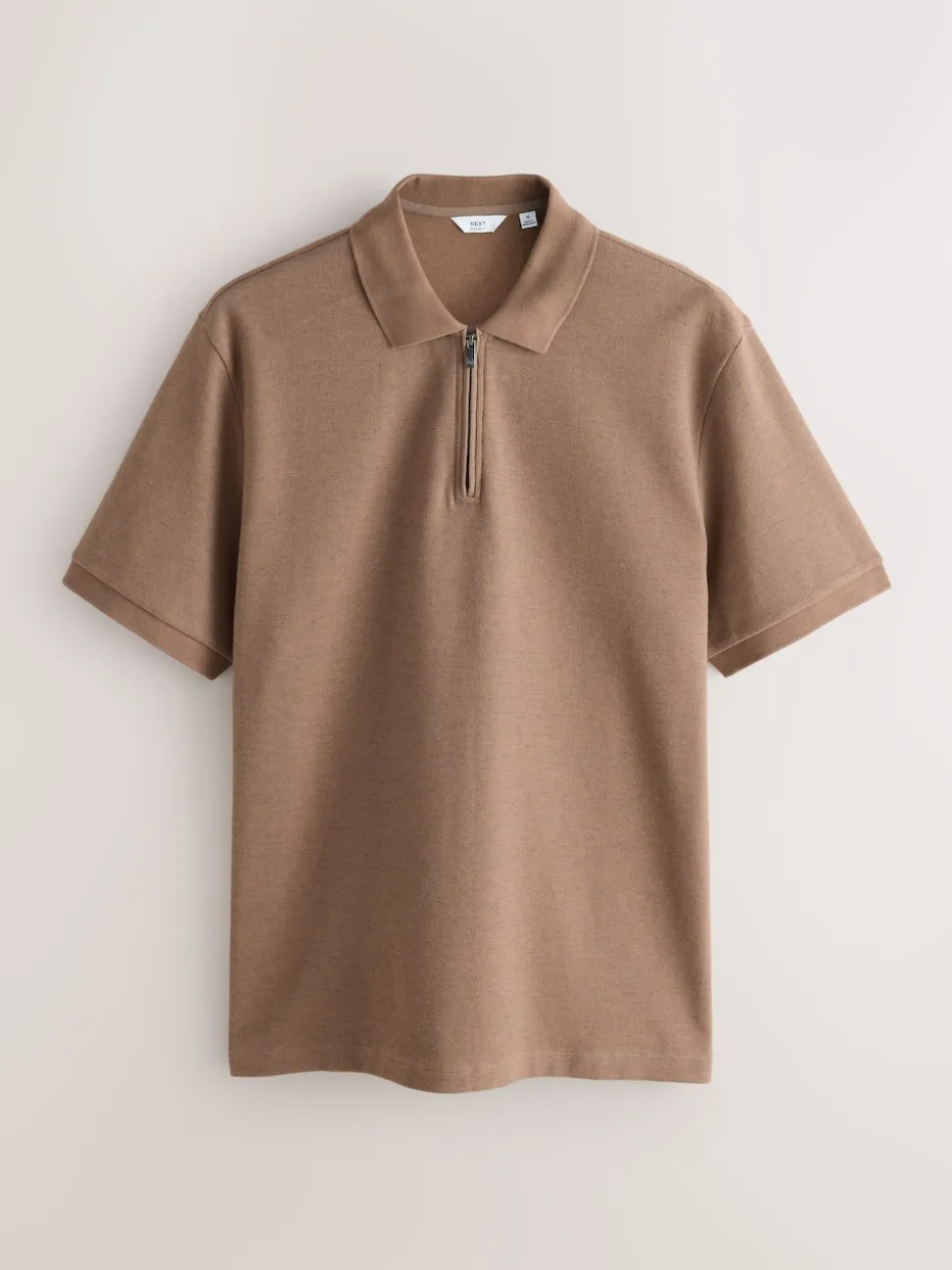 Neutral Brown Textured Smart Zip Neck Polo Shirt