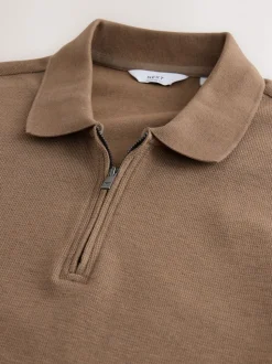 Neutral Brown Textured Smart Zip Neck Polo Shirt