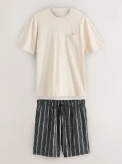 Neutral Brown/Black Woven Pyjamas Short Set