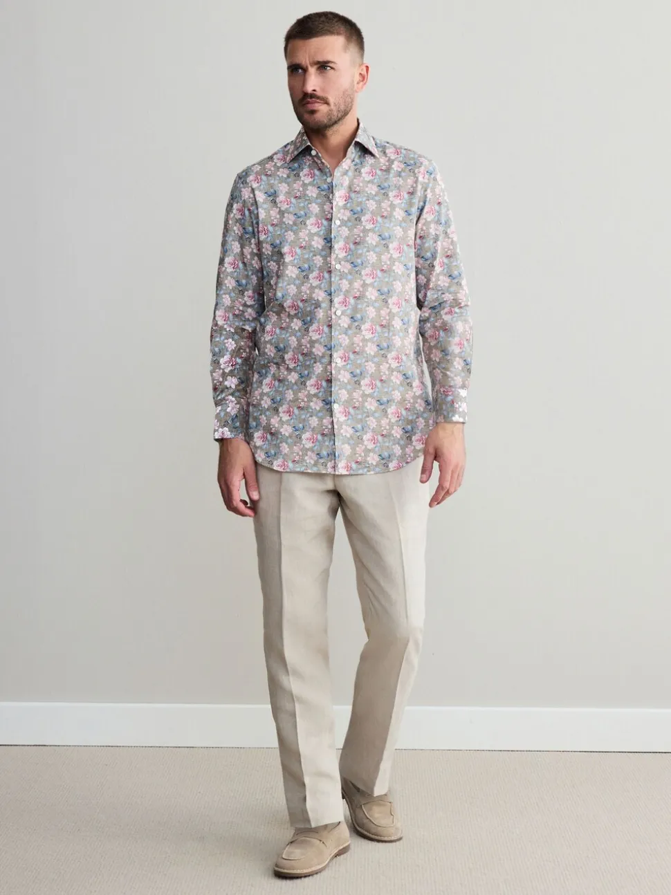 Neutral Brown/Pink Slim Fit Signature 100% Cotton Floral Print Long Sleeve Shirt