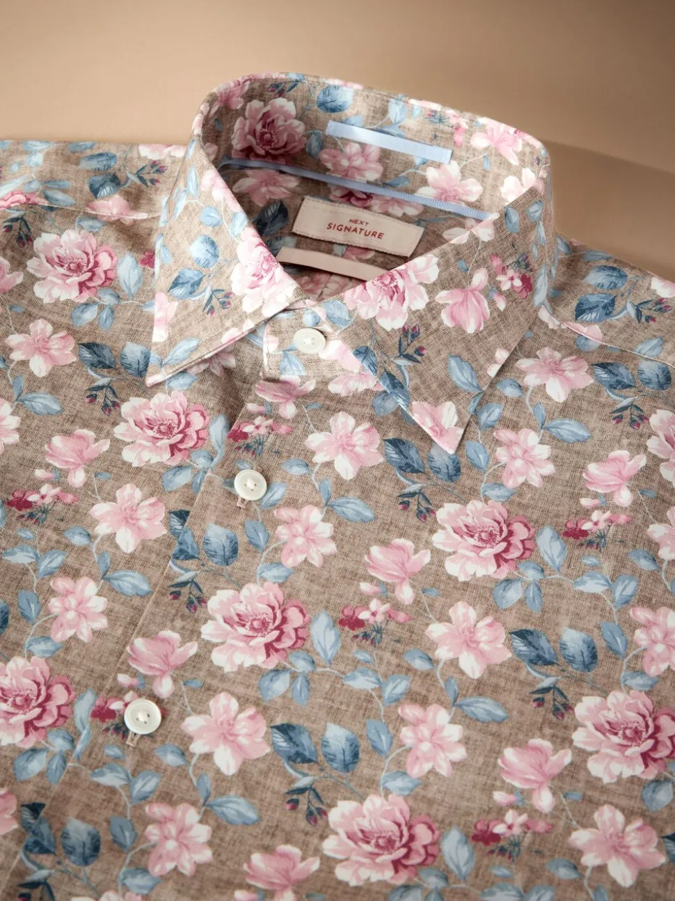 Neutral Brown/Pink Slim Fit Signature 100% Cotton Floral Print Long Sleeve Shirt