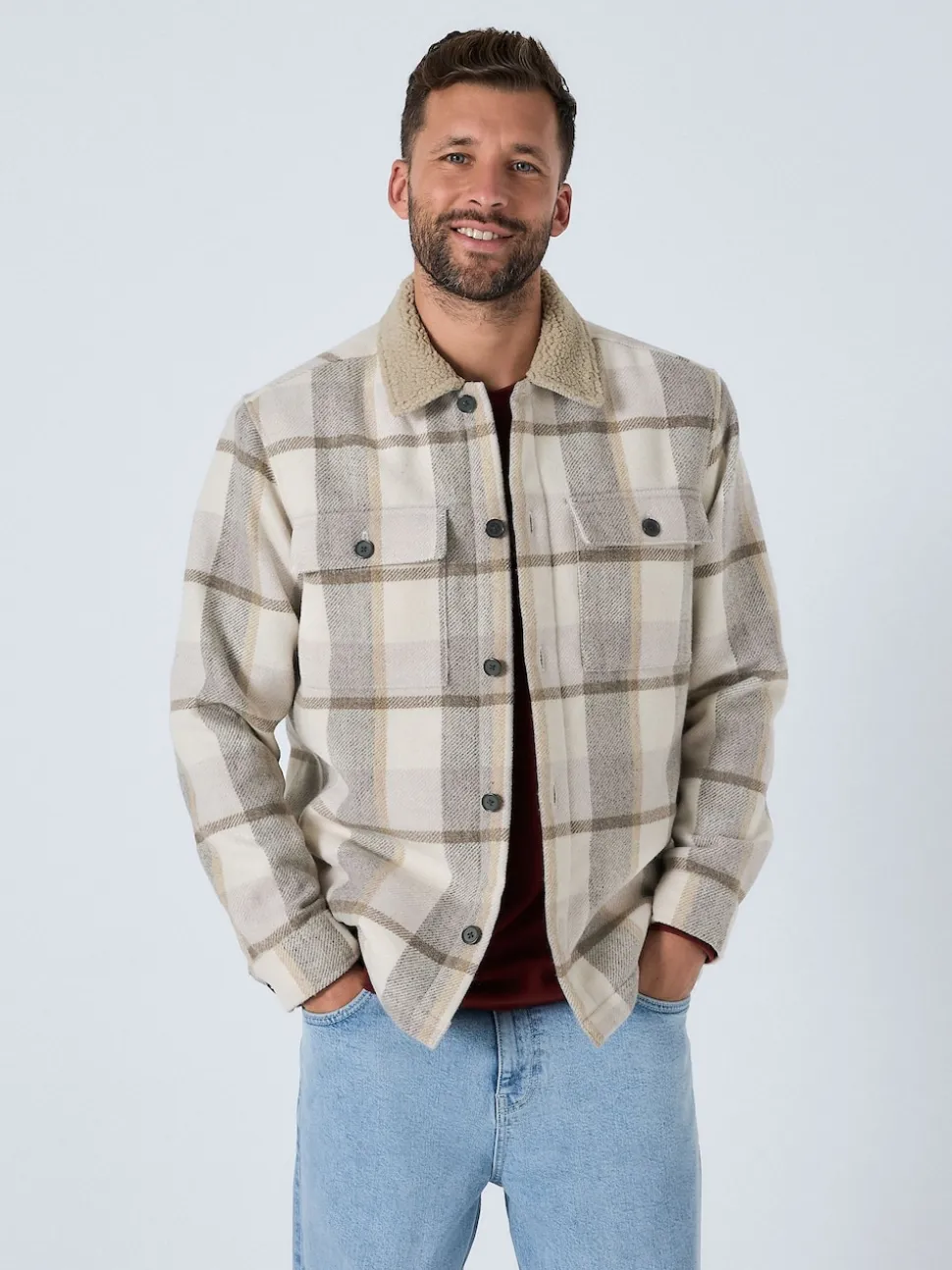 Neutral Check Borg Lined Shacket
