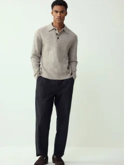 Neutral Cosy Rib Knit Long Sleeve Polo Shirt with Wool