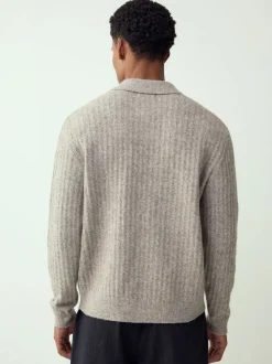 Neutral Cosy Rib Knit Long Sleeve Polo Shirt with Wool