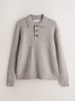 Neutral Cosy Rib Knit Long Sleeve Polo Shirt with Wool