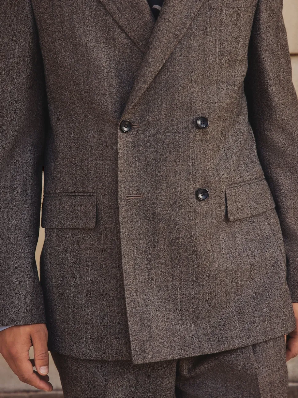 Neutral Double Breasted Merino Wool Blend Suit Jacket