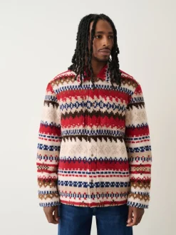 Neutral Ecru/Red Fairisle Printed Fleece Popper Shacket