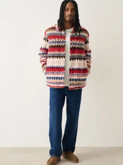 Neutral Ecru/Red Fairisle Printed Fleece Popper Shacket