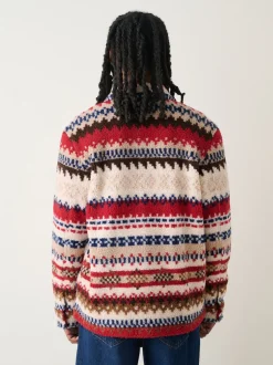 Neutral Ecru/Red Fairisle Printed Fleece Popper Shacket