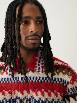Neutral Ecru/Red Fairisle Printed Fleece Popper Shacket