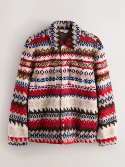 Neutral Ecru/Red Fairisle Printed Fleece Popper Shacket