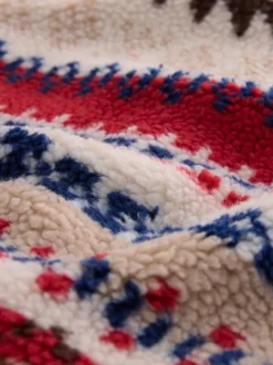 Neutral Ecru/Red Fairisle Printed Fleece Popper Shacket