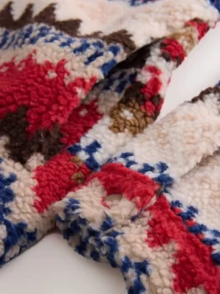 Neutral Ecru/Red Fairisle Printed Fleece Popper Shacket