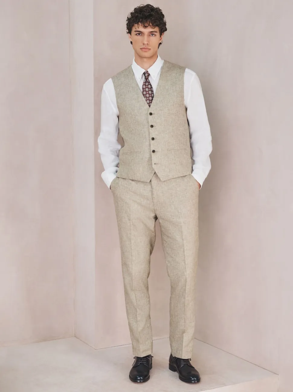 Neutral Linen Blend Texture Suit Waistcoat