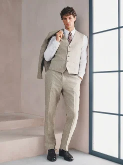Neutral Linen Blend Texture Suit Waistcoat