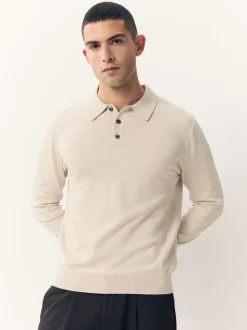 Neutral Marl Regular Fit Cotton Rich Long Sleeve Knitted Polo Shirt