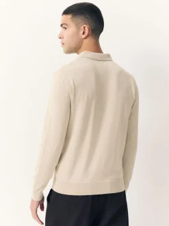 Neutral Marl Regular Fit Cotton Rich Long Sleeve Knitted Polo Shirt