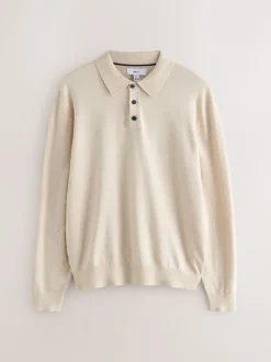 Neutral Marl Regular Fit Cotton Rich Long Sleeve Knitted Polo Shirt