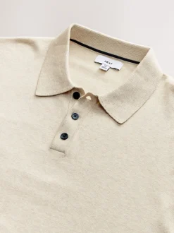 Neutral Marl Regular Fit Cotton Rich Long Sleeve Knitted Polo Shirt