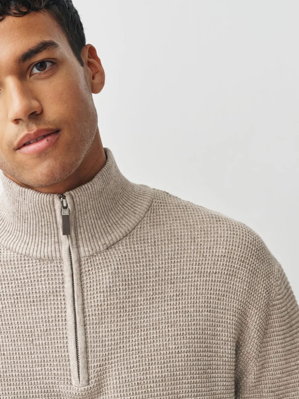 Neutral Plain N.Premium Regular Fit Cotton Rich Textured Premium Quarter Zip Jumper