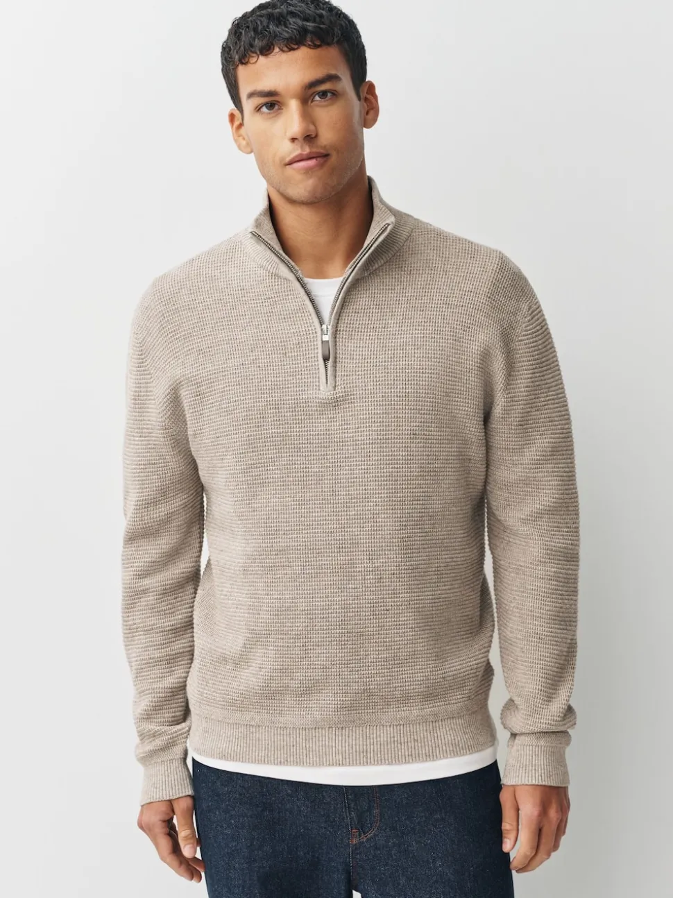 Neutral Plain N.Premium Regular Fit Cotton Rich Textured Premium Quarter Zip Jumper