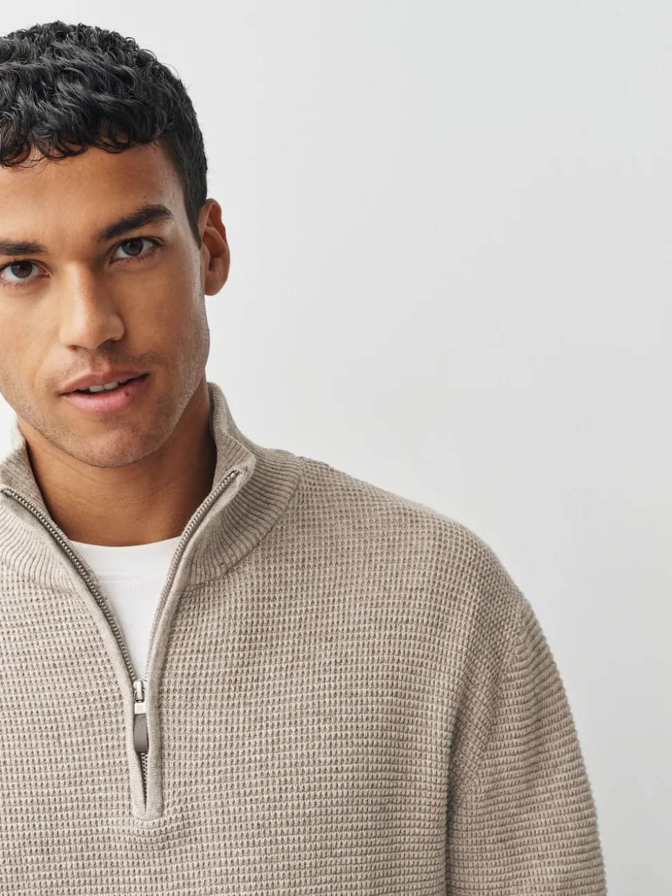 Neutral Plain N.Premium Regular Fit Cotton Rich Textured Premium Quarter Zip Jumper